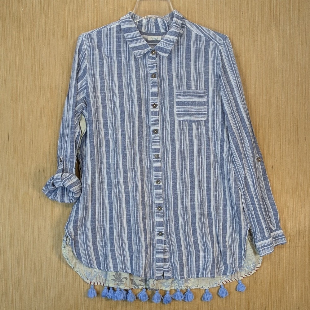Kyla Seo Womens Blue Striped Floral Patchwork Tassel Button Down Shirt Large